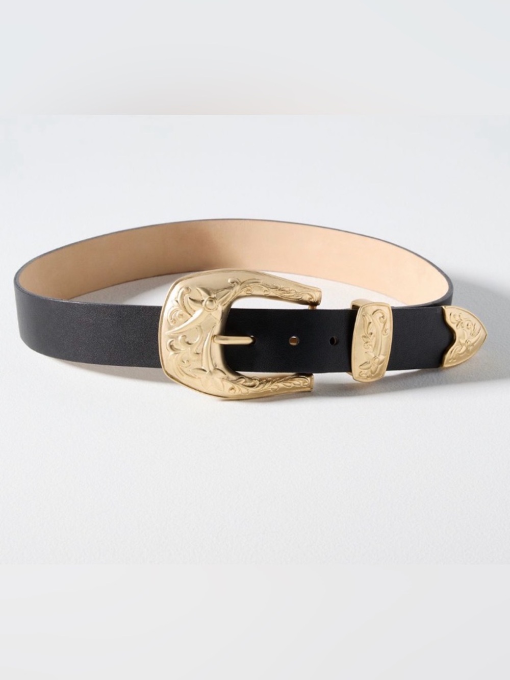 Anthropologie Streets Ahead Big Buckle Western Belt Gold Plated Leather Size XS